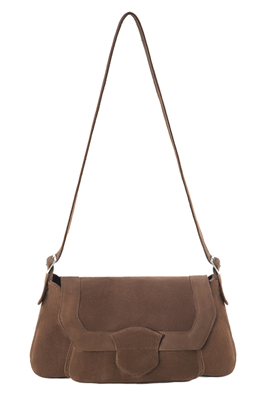 Chocolate brown women's dress handbag, matching pumps and belts. Top view - Florence KOOIJMAN